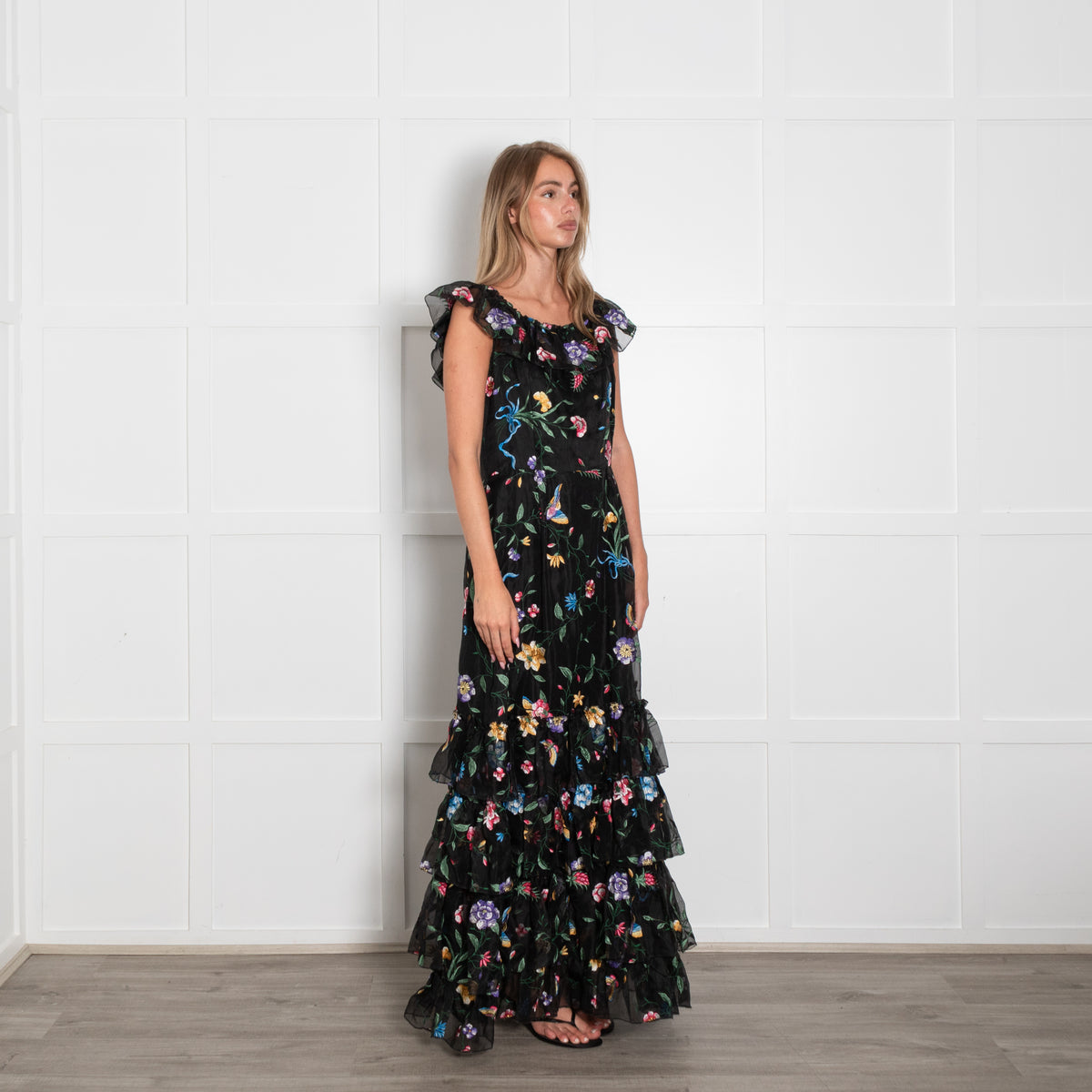 Goat Black Lace Floral Maxi Tiered Dress