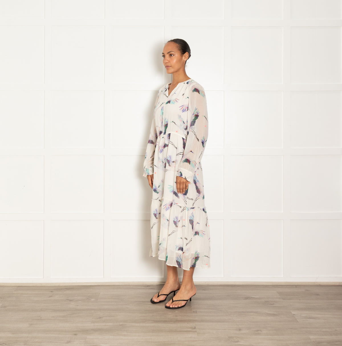 Pyrus White Blue Turquoise Pink Crane Print Sleeved Maxi Dress