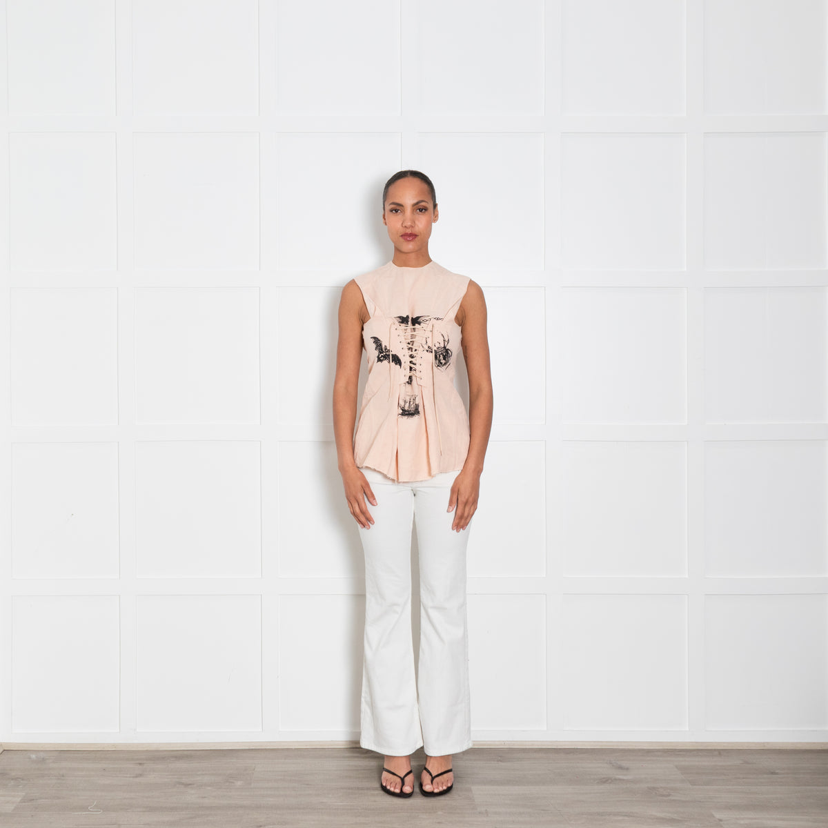 Prada Blush Pink Black Print Corset Lacing Sleeveless Top
