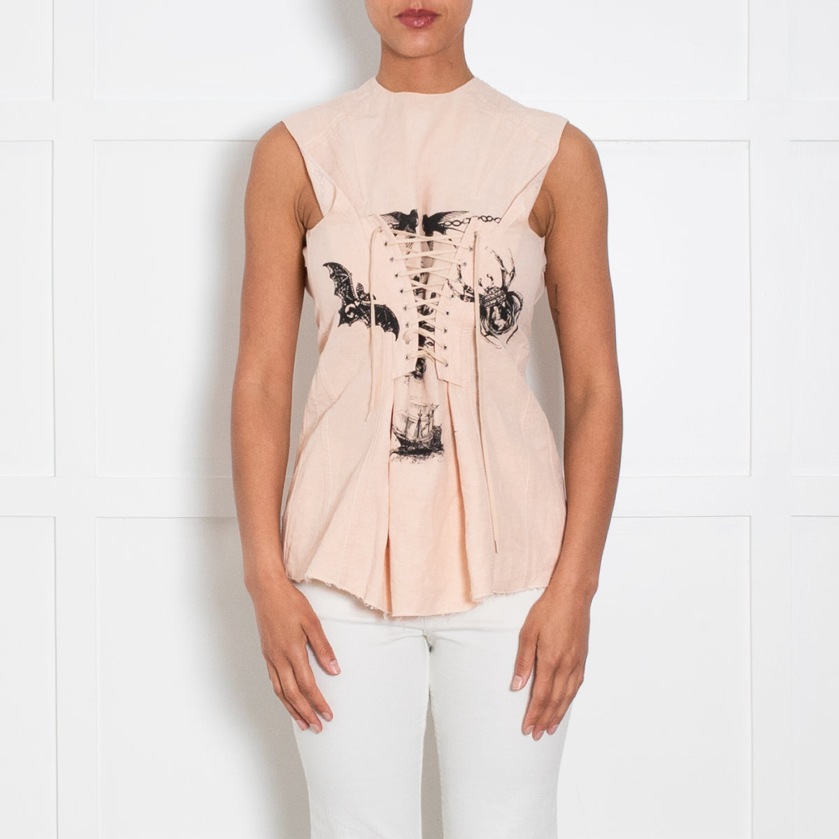 Prada Blush Pink Black Print Corset Lacing Sleeveless Top