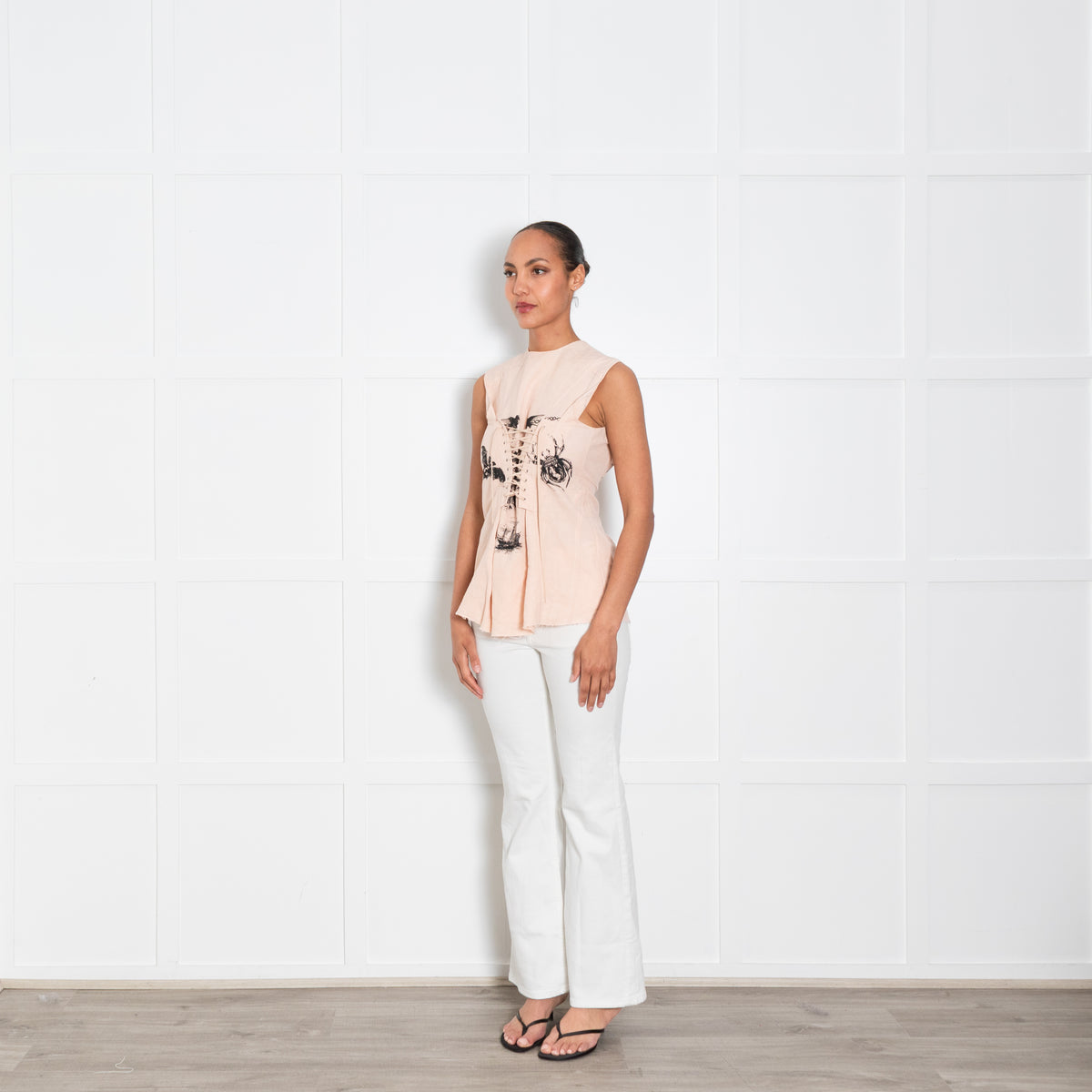 Prada Blush Pink Black Print Corset Lacing Sleeveless Top