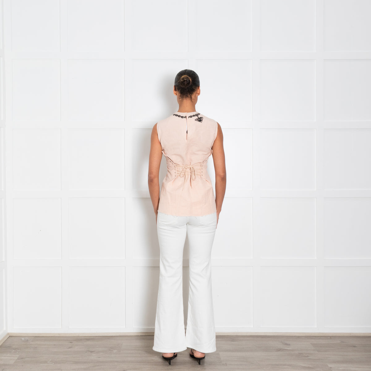 Prada Blush Pink Black Print Corset Lacing Sleeveless Top
