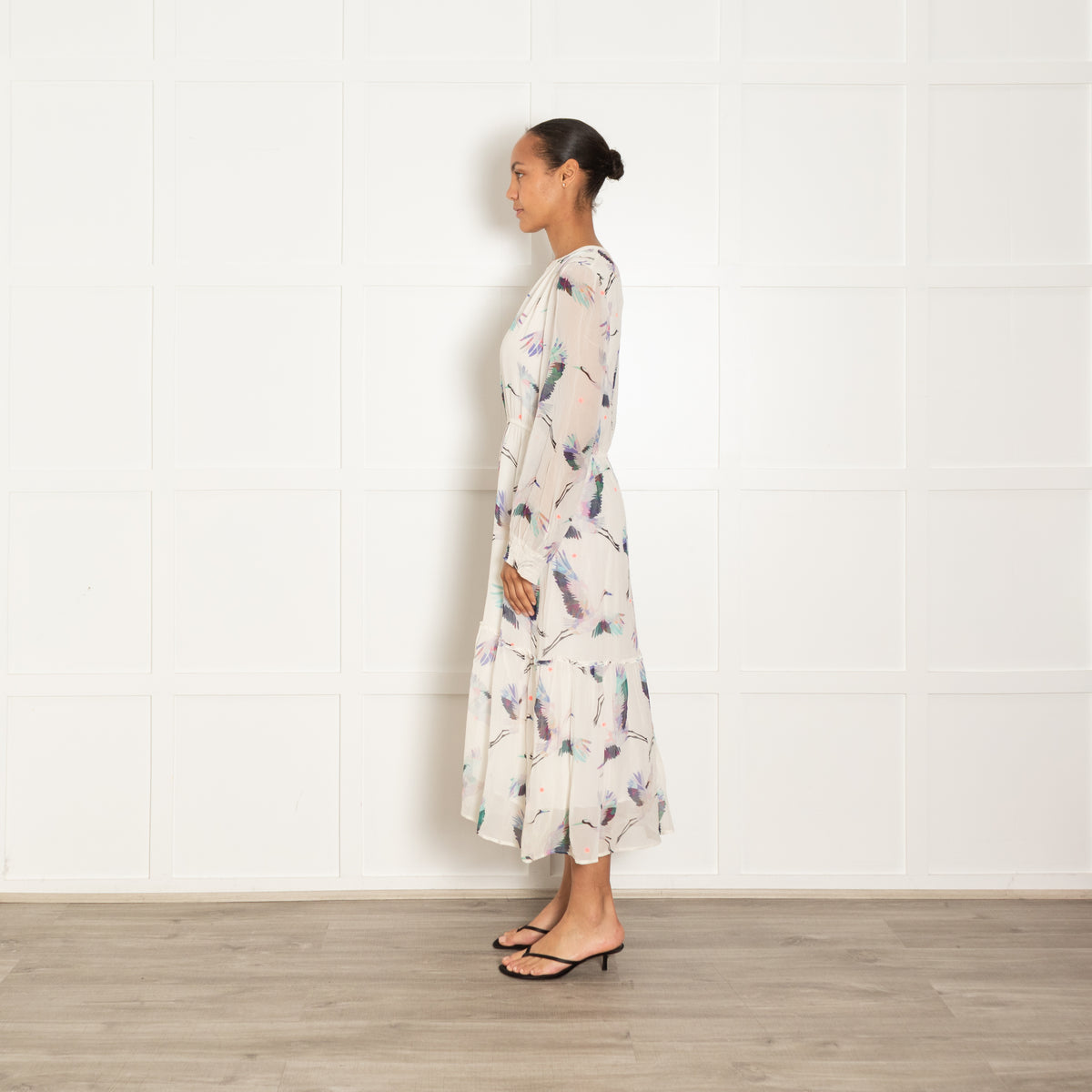 Pyrus White Blue Turquoise Pink Crane Print Sleeved Maxi Dress
