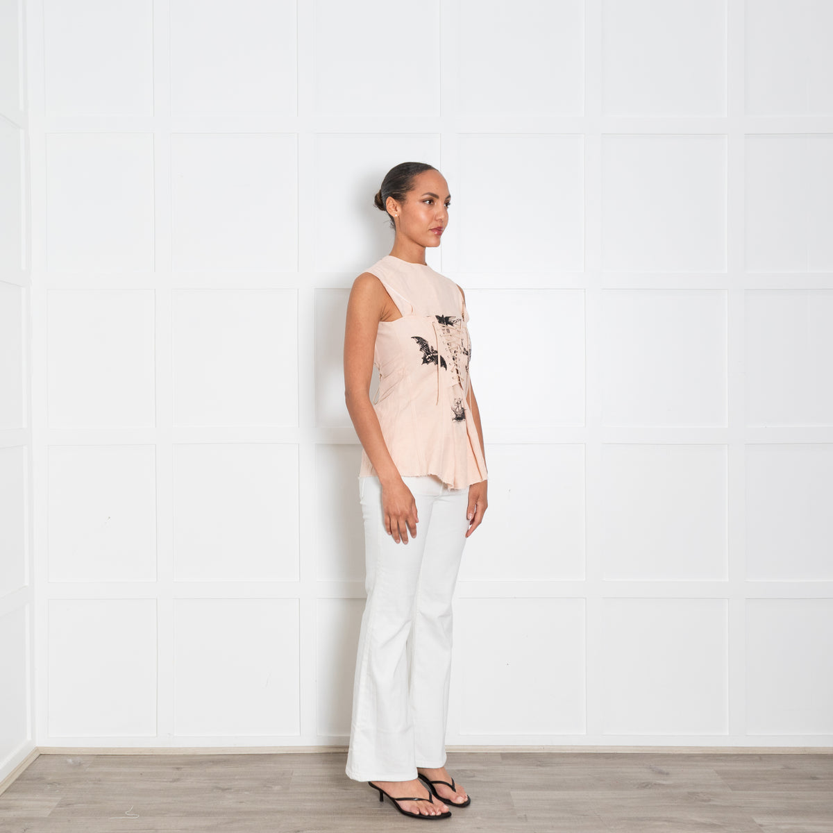 Prada Blush Pink Black Print Corset Lacing Sleeveless Top