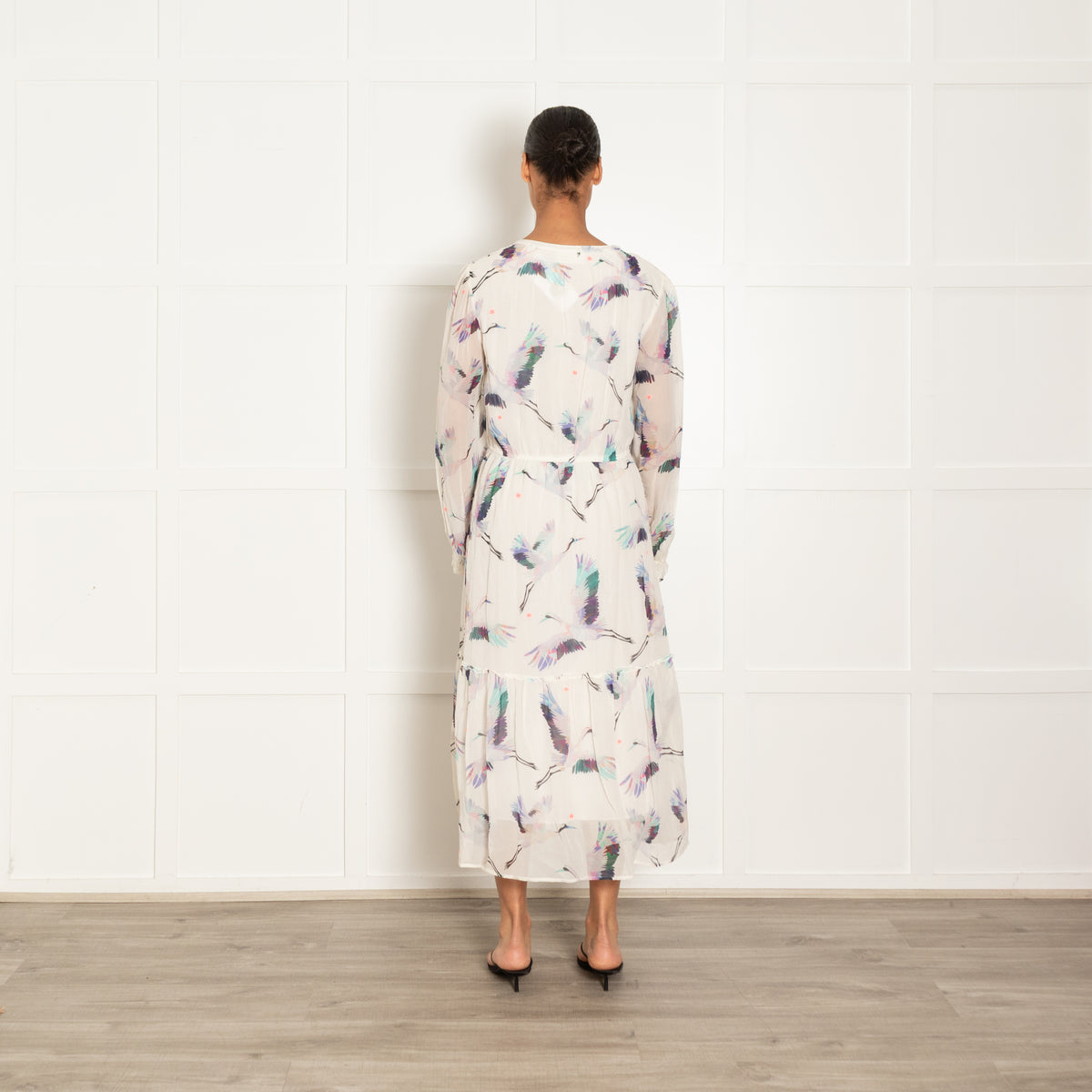 Pyrus White Blue Turquoise Pink Crane Print Sleeved Maxi Dress
