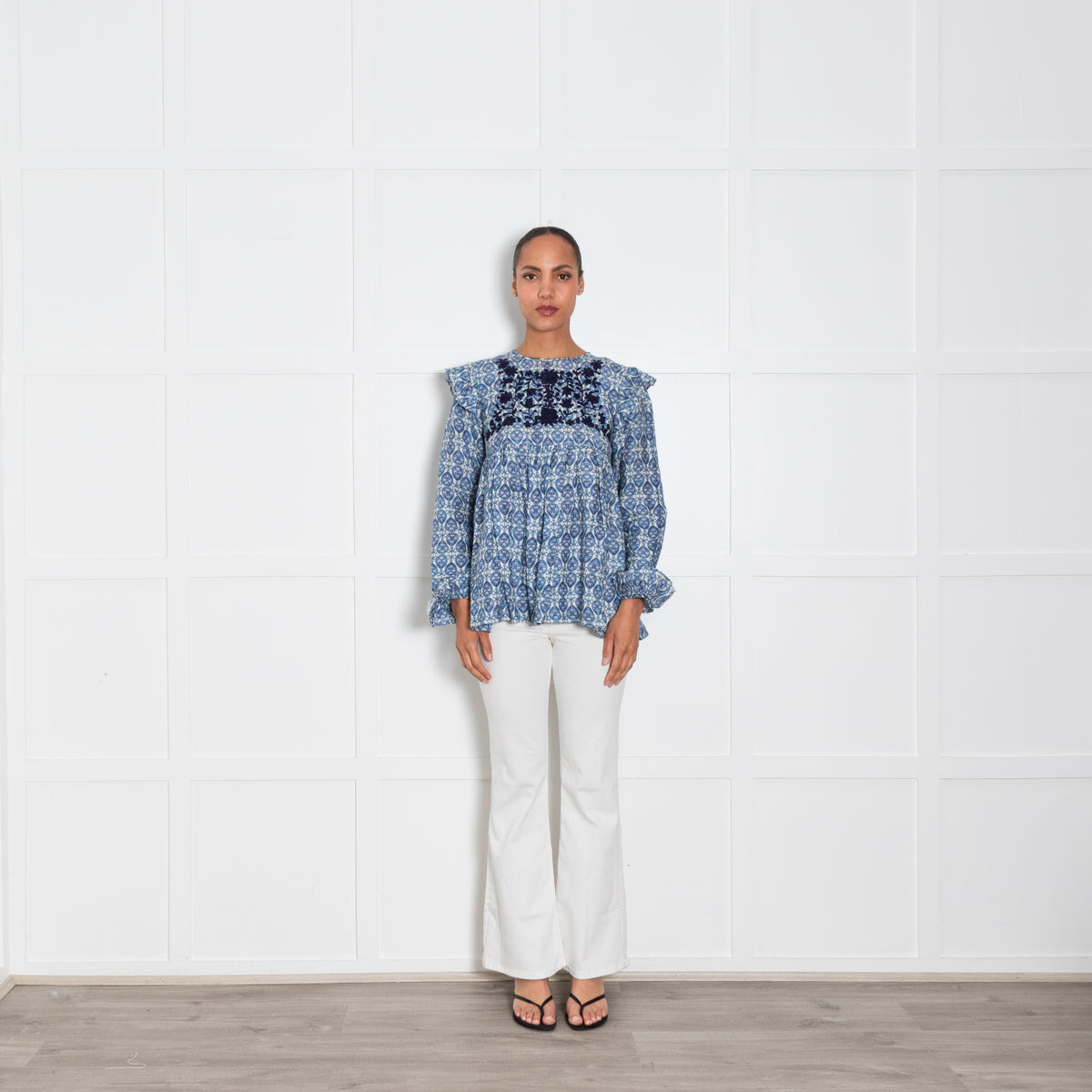 Muzungu Sister White Blue Floral Print Navy Embroidery Linen Top