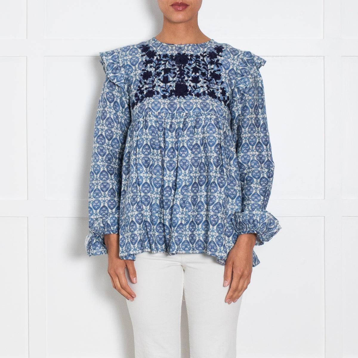 Muzungu Sister White Blue Floral Print Navy Embroidery Linen Top