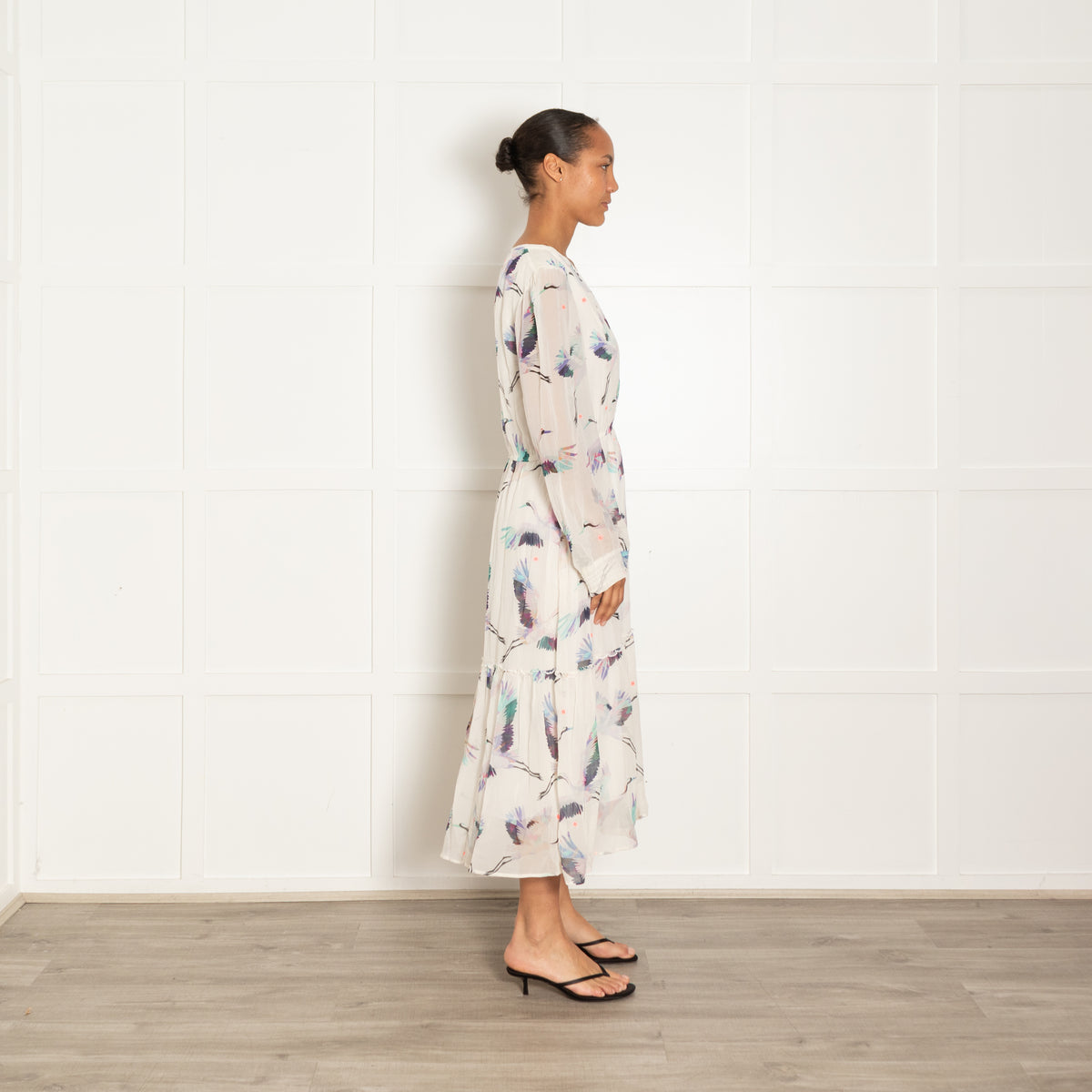 Pyrus White Blue Turquoise Pink Crane Print Sleeved Maxi Dress