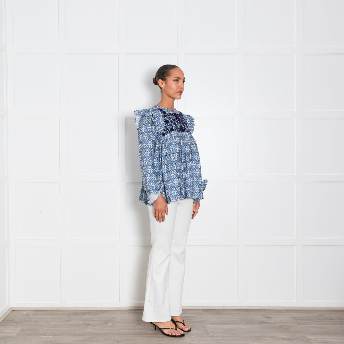 Muzungu Sister White Blue Floral Print Navy Embroidery Linen Top
