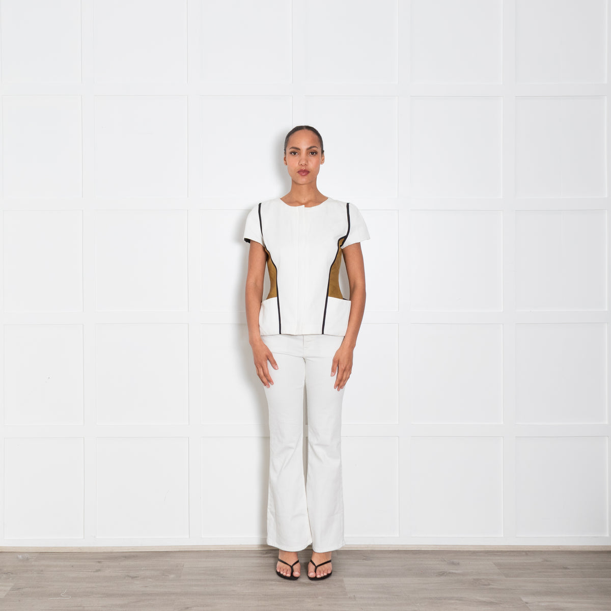 Fendi Khaki Cream Panelled Short Sleeve Zip Up Top
