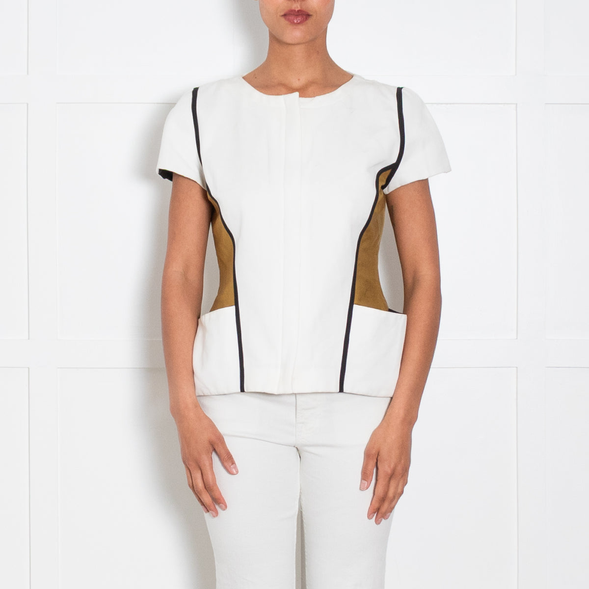 Fendi Khaki Cream Panelled Short Sleeve Zip Up Top