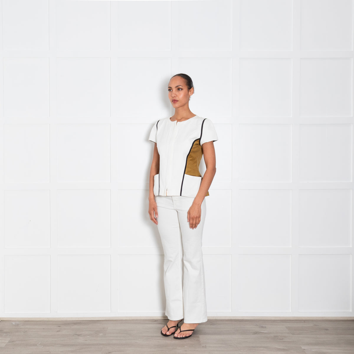 Fendi Khaki Cream Panelled Short Sleeve Zip Up Top