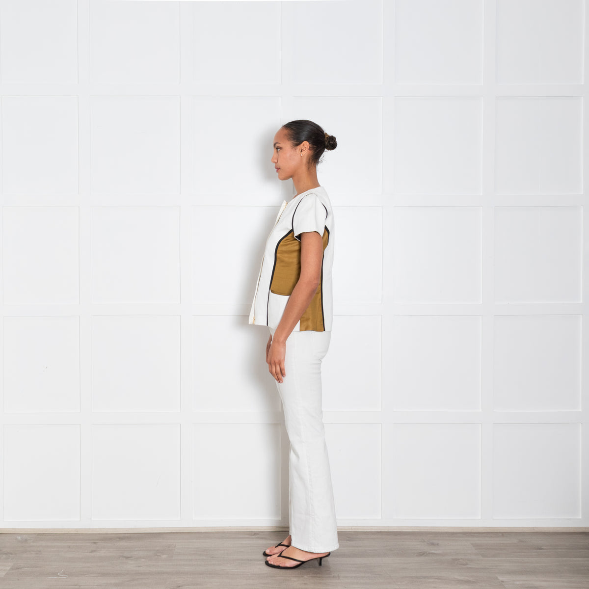 Fendi Khaki Cream Panelled Short Sleeve Zip Up Top