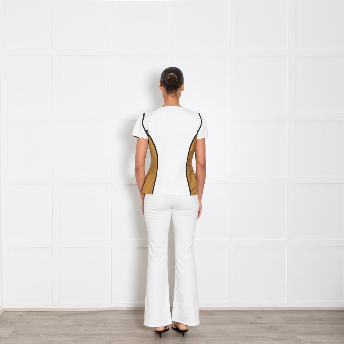 Fendi Khaki Cream Panelled Short Sleeve Zip Up Top