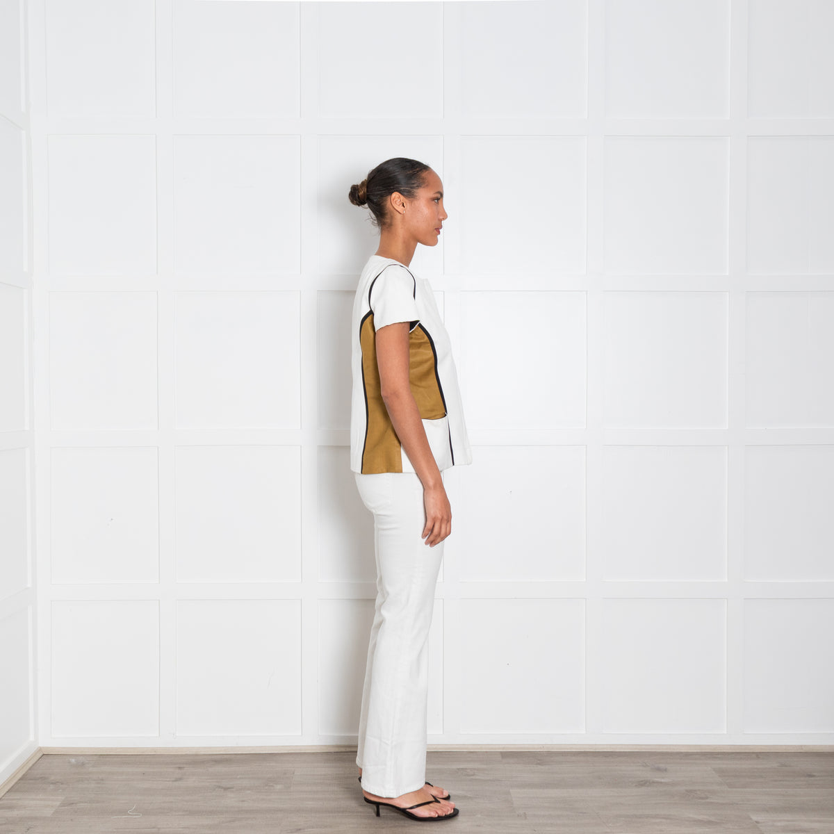 Fendi Khaki Cream Panelled Short Sleeve Zip Up Top