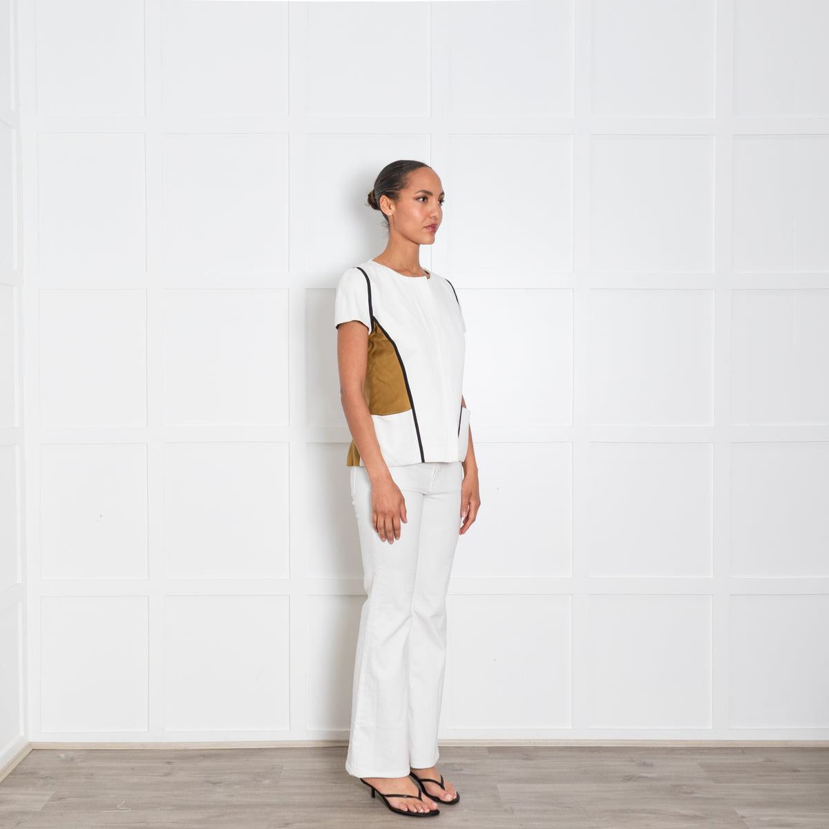 Fendi Khaki Cream Panelled Short Sleeve Zip Up Top