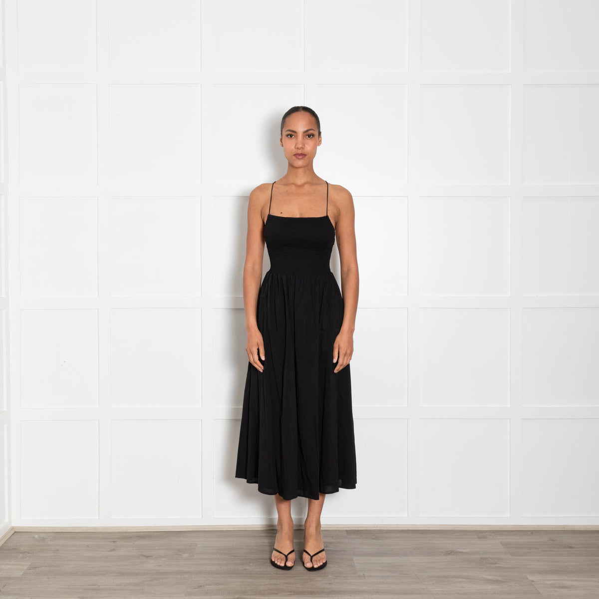 Reformation Black Shirred Waist Midi Dress