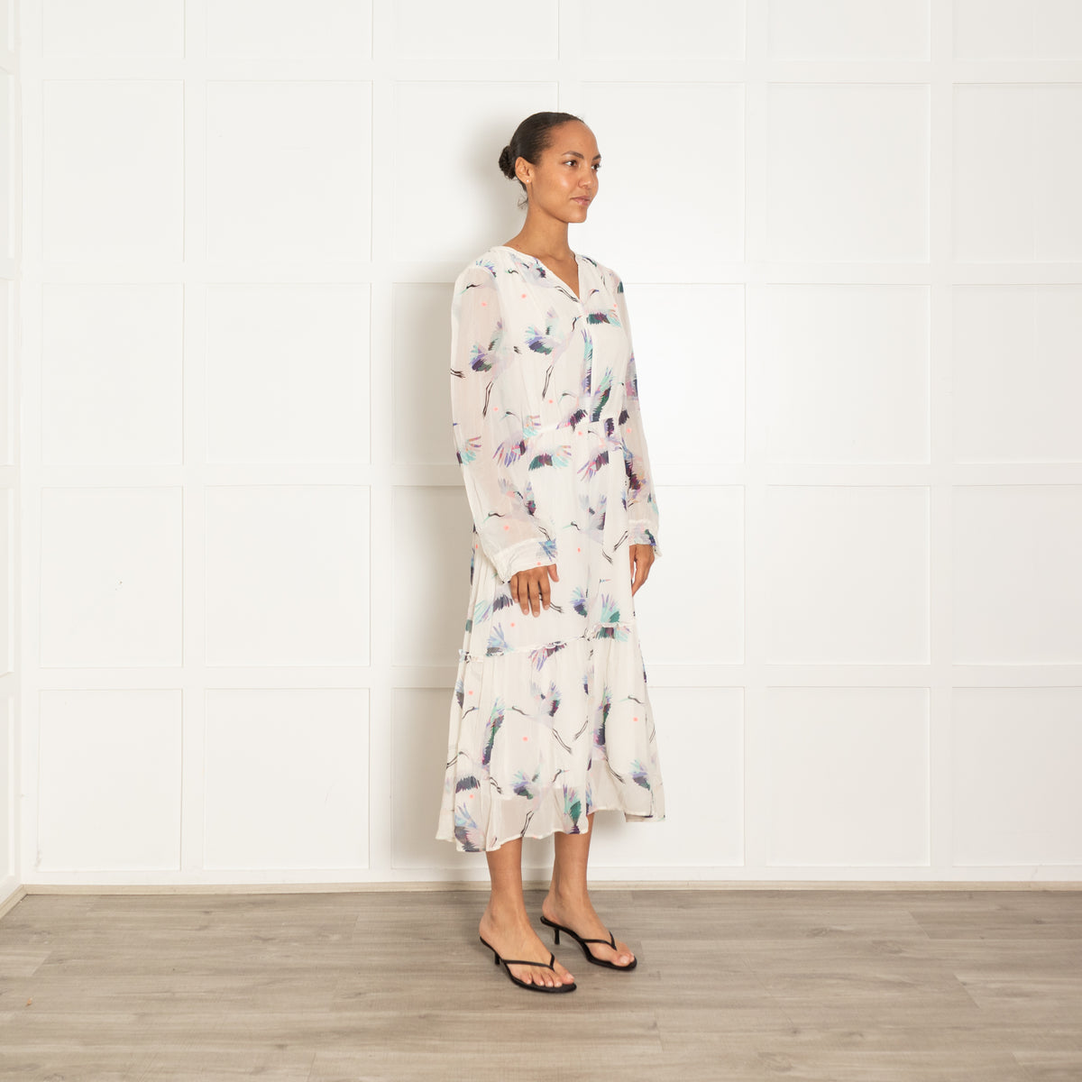 Pyrus White Blue Turquoise Pink Crane Print Sleeved Maxi Dress