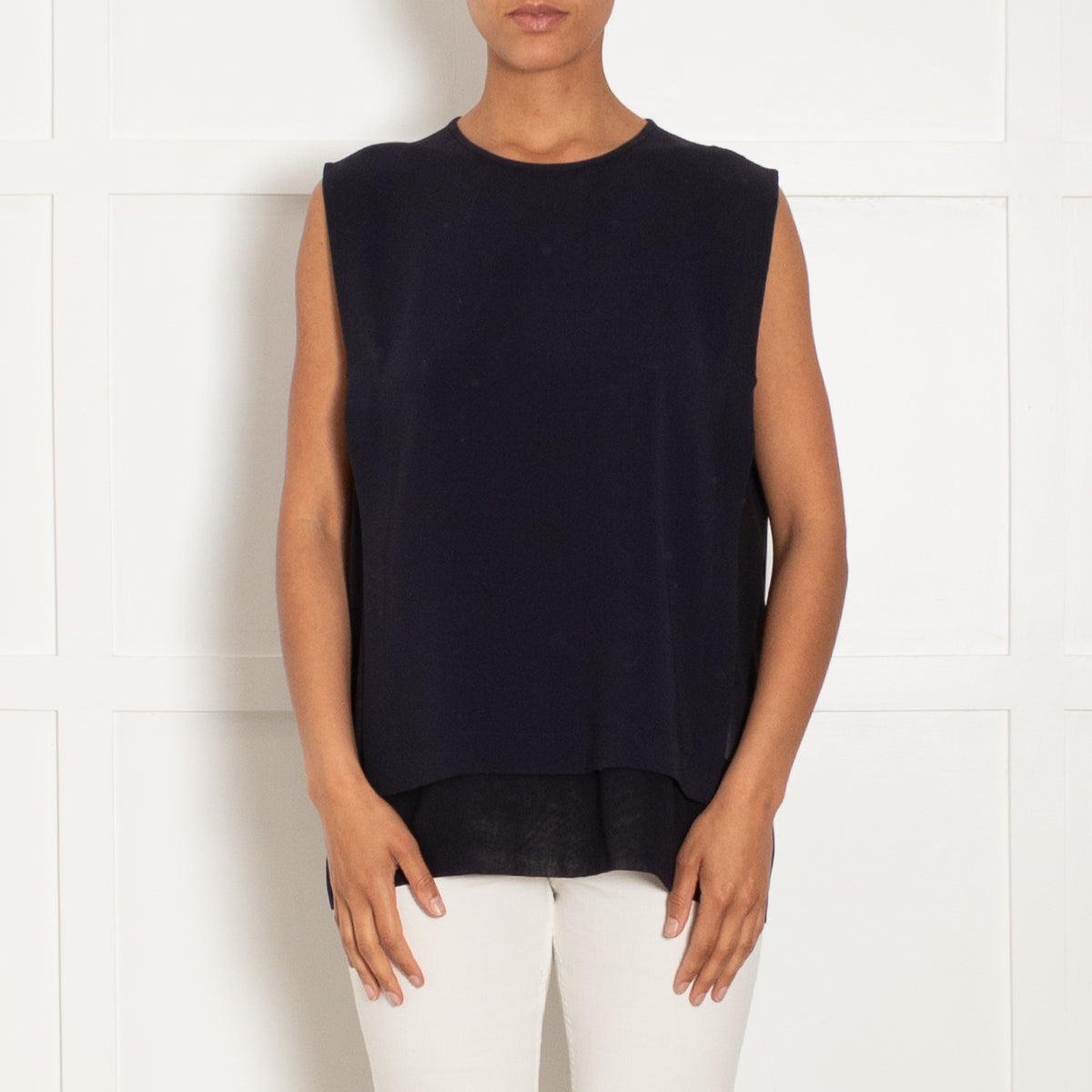Max Mara Navy Blue Sleeveless Top With Chiffon Side Panels