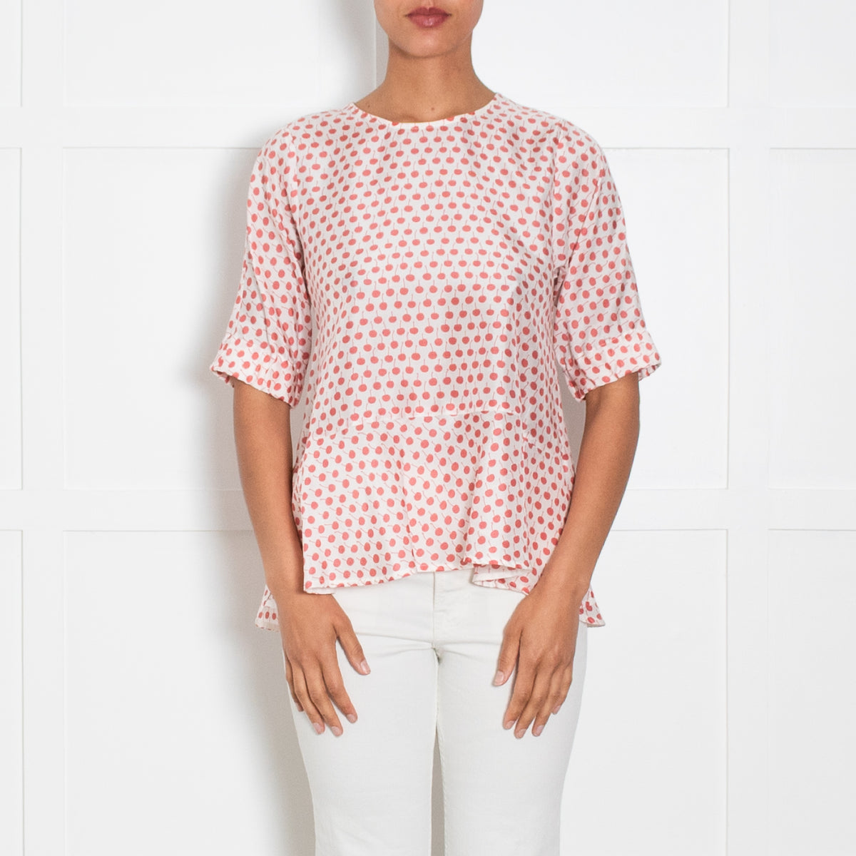 Odeeh White Silk Cherry Print Blouse UK 10