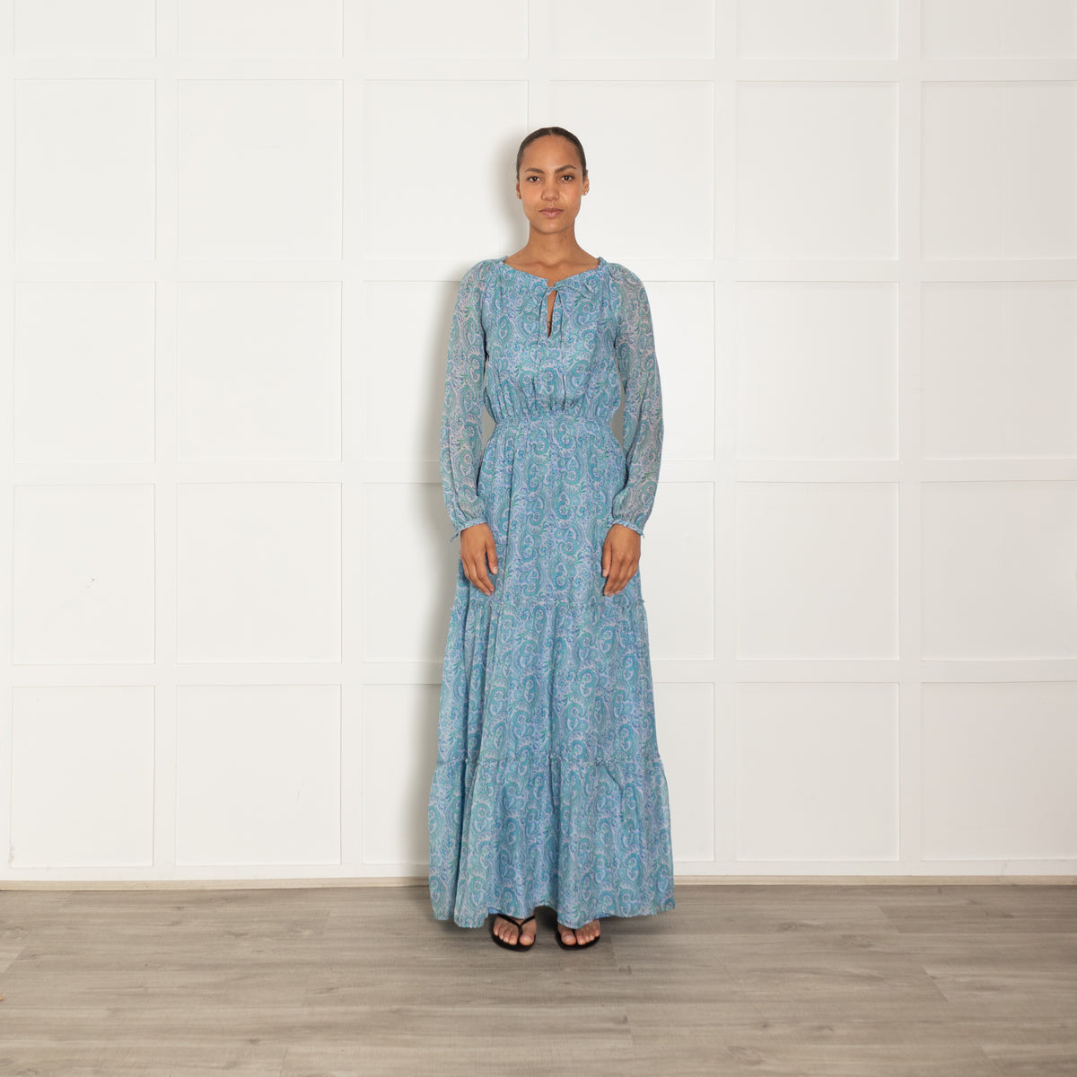 Ridley Lilac Blue Silk Floral Long Sleeve Tie Maxi Dress