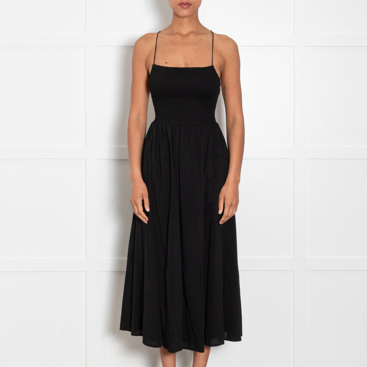 Reformation Black Shirred Waist Midi Dress