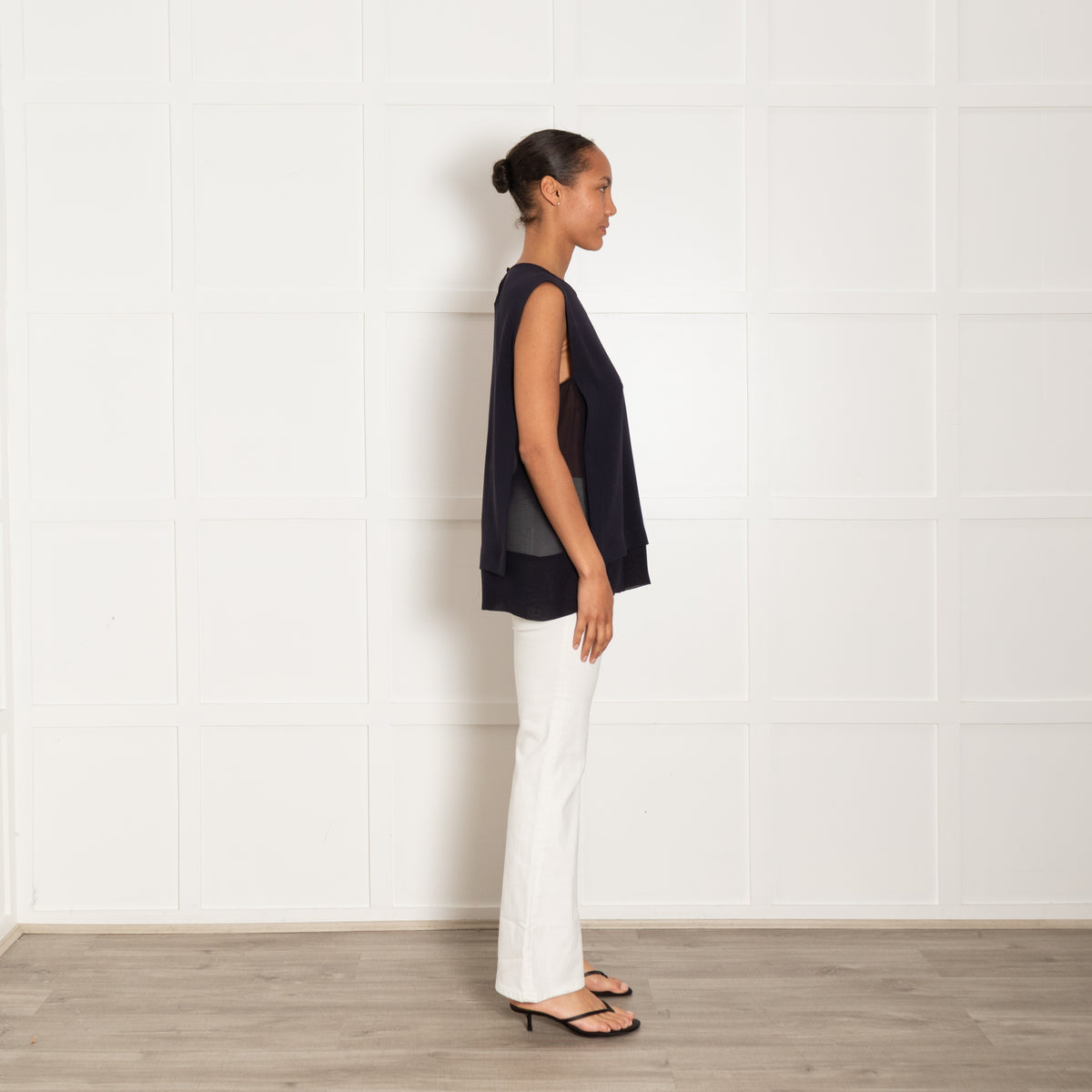 Max Mara Navy Blue Sleeveless Top With Chiffon Side Panels