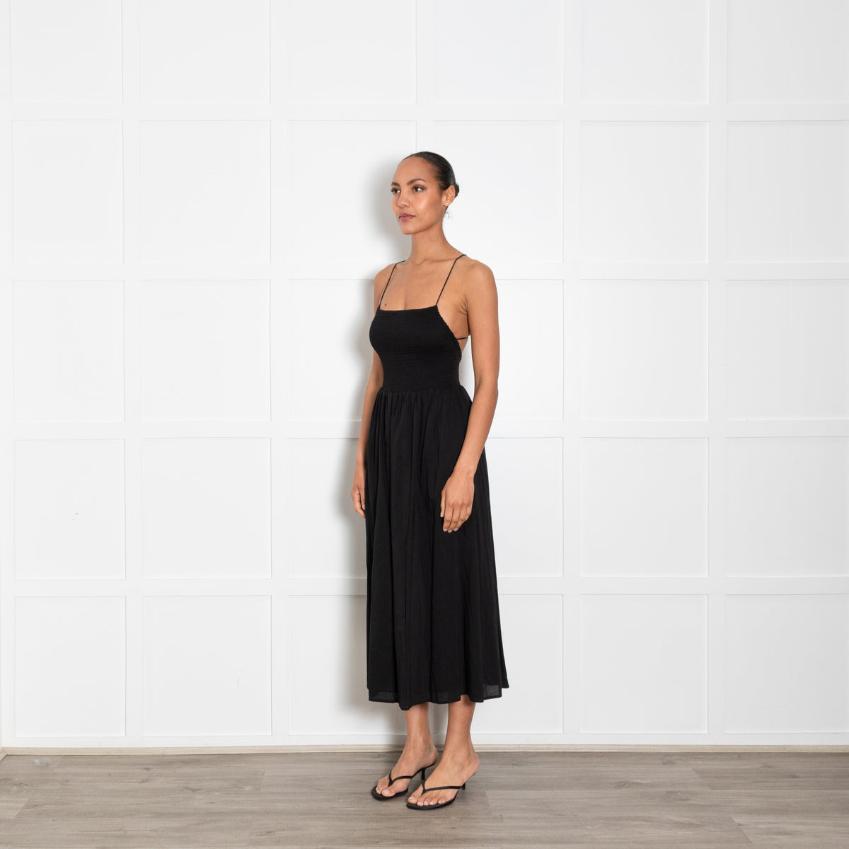 Reformation Black Shirred Waist Midi Dress