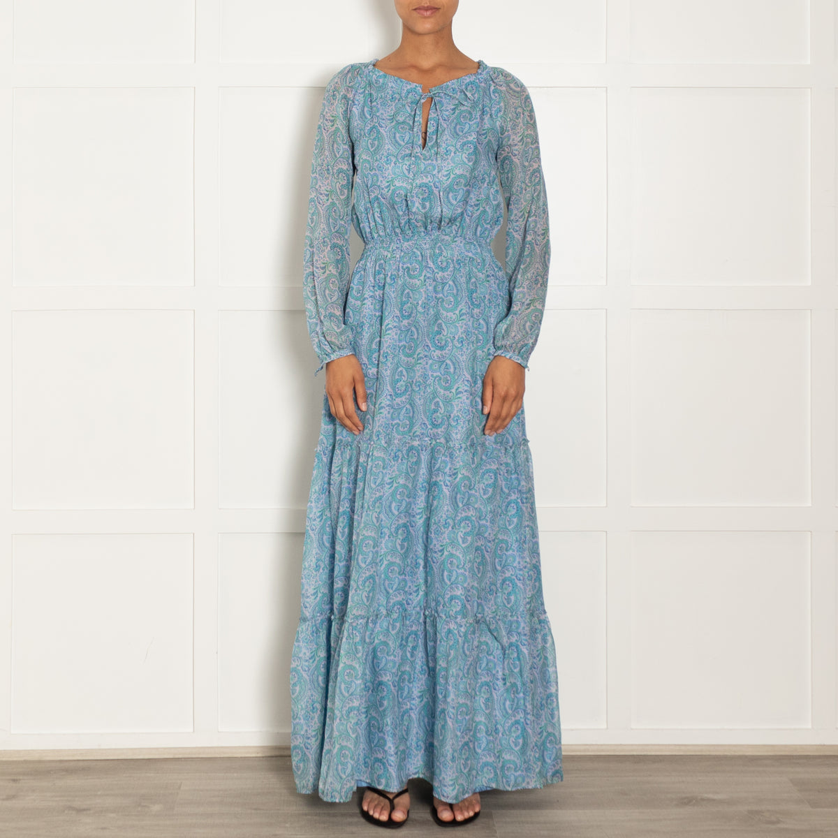 Ridley Lilac Blue Silk Floral Long Sleeve Tie Maxi Dress