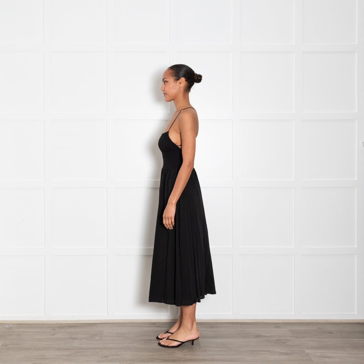 Reformation Black Shirred Waist Midi Dress