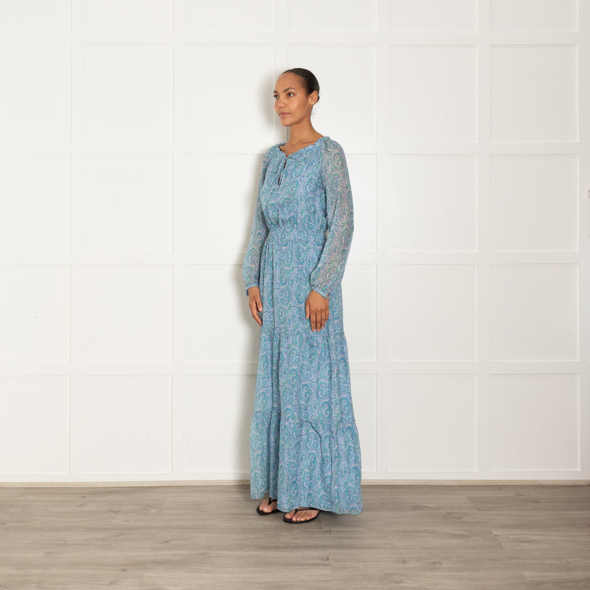 Ridley Lilac Blue Silk Floral Long Sleeve Tie Maxi Dress