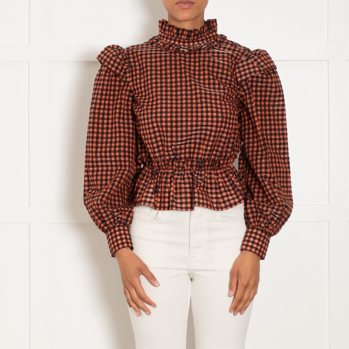 Ganni Orange & Black Metallic Seersucker Gathered Waist L/S Top
