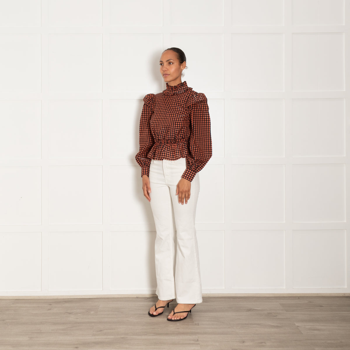 Ganni Orange & Black Metallic Seersucker Gathered Waist L/S Top