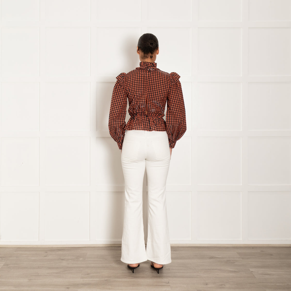 Ganni Orange & Black Metallic Seersucker Gathered Waist L/S Top