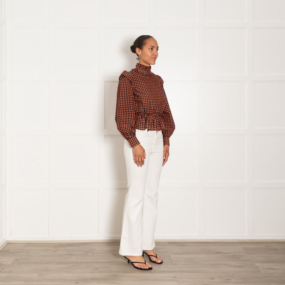 Ganni Orange & Black Metallic Seersucker Gathered Waist L/S Top
