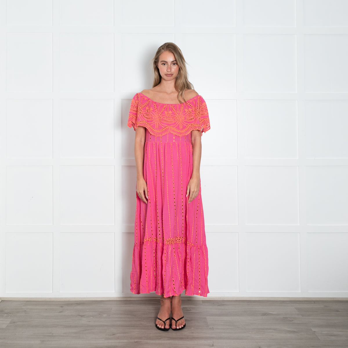 Valerie Khalfon Pink And Orange Broderie Anglaise Dress