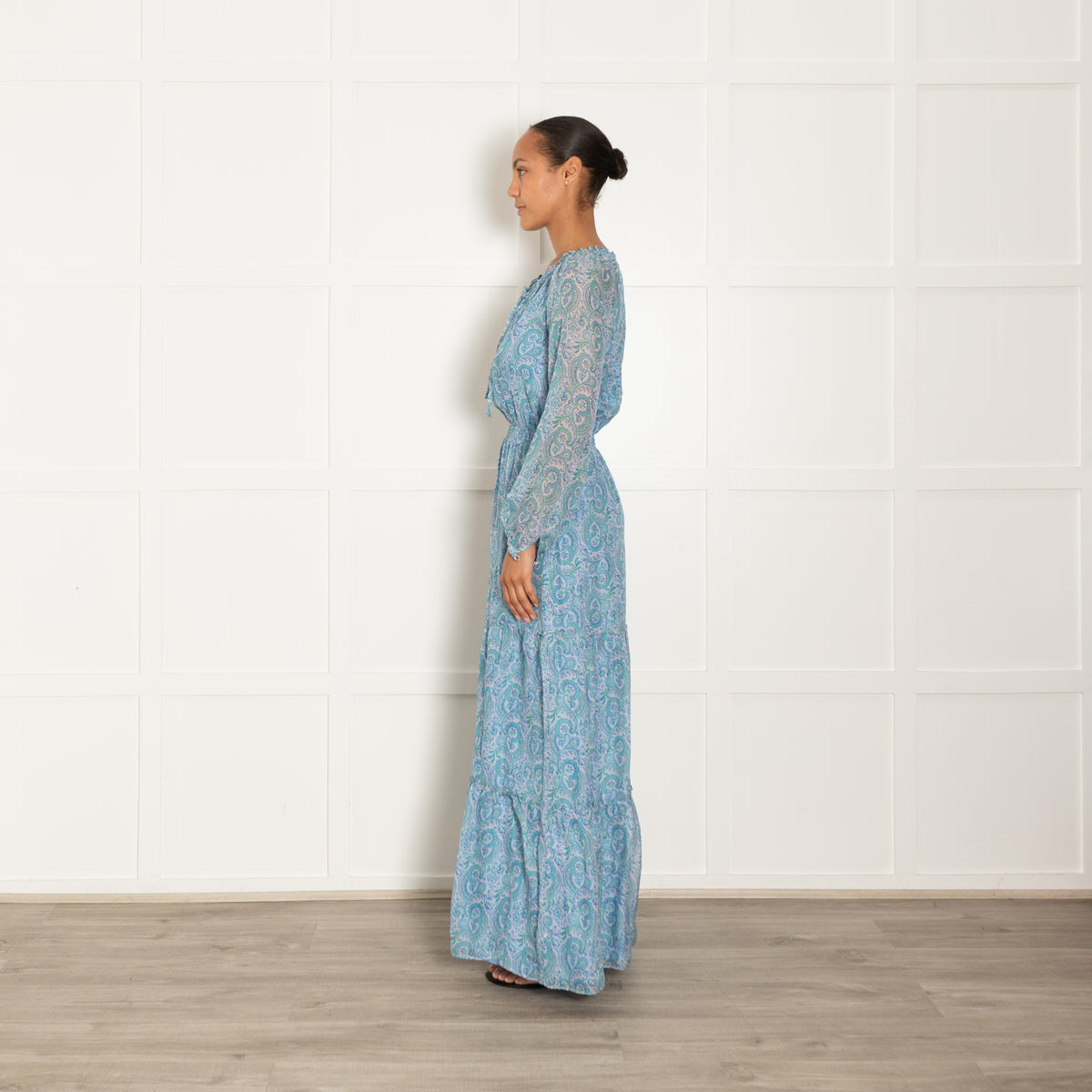 Ridley Lilac Blue Silk Floral Long Sleeve Tie Maxi Dress