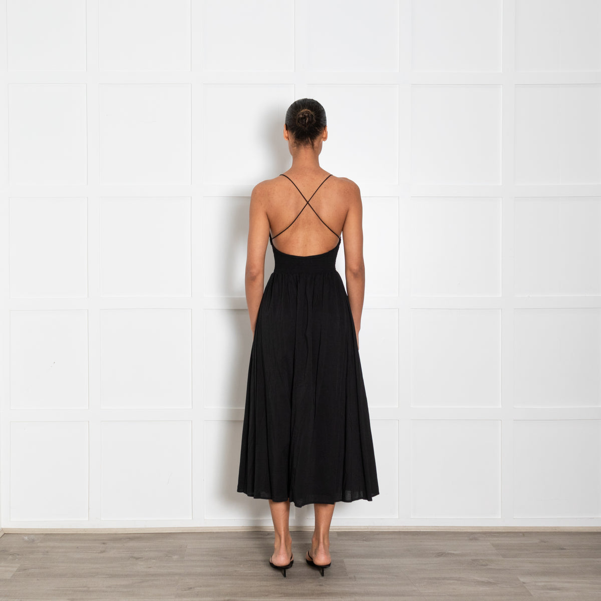 Reformation Black Shirred Waist Midi Dress