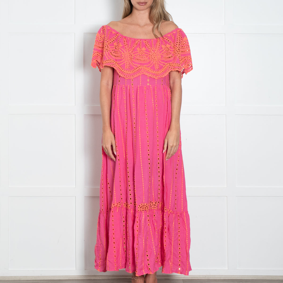 Valerie Khalfon Pink And Orange Broderie Anglaise Dress