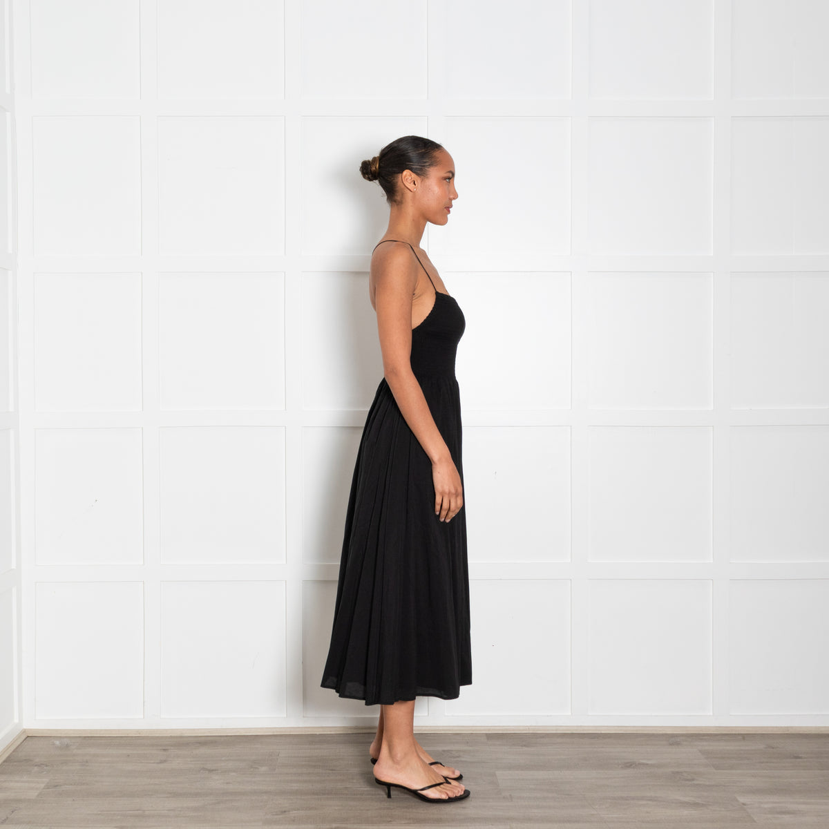 Reformation Black Shirred Waist Midi Dress