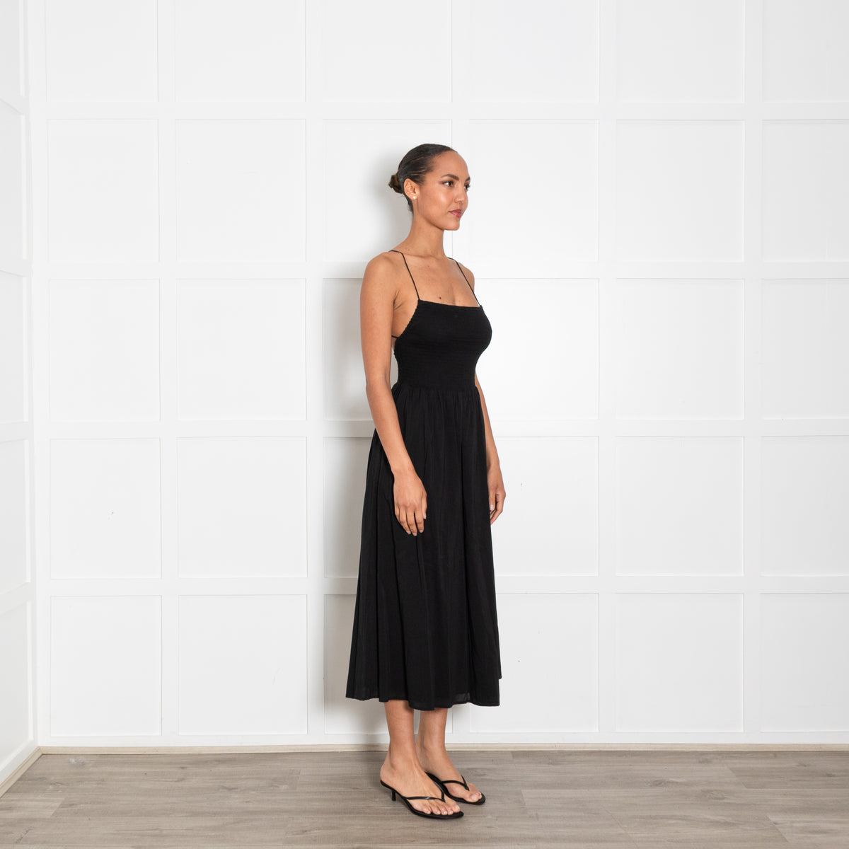 Reformation Black Shirred Waist Midi Dress