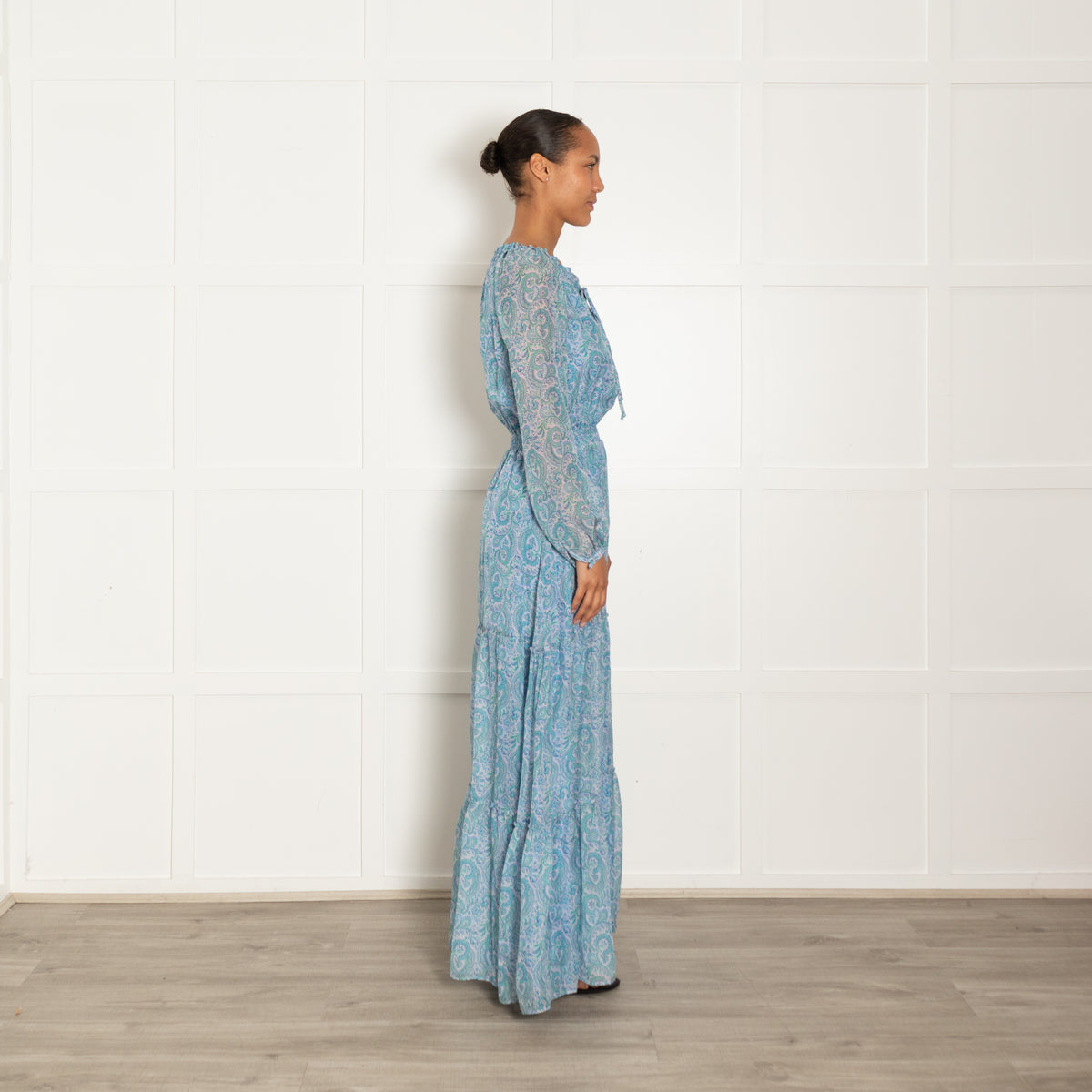 Ridley Lilac Blue Silk Floral Long Sleeve Tie Maxi Dress