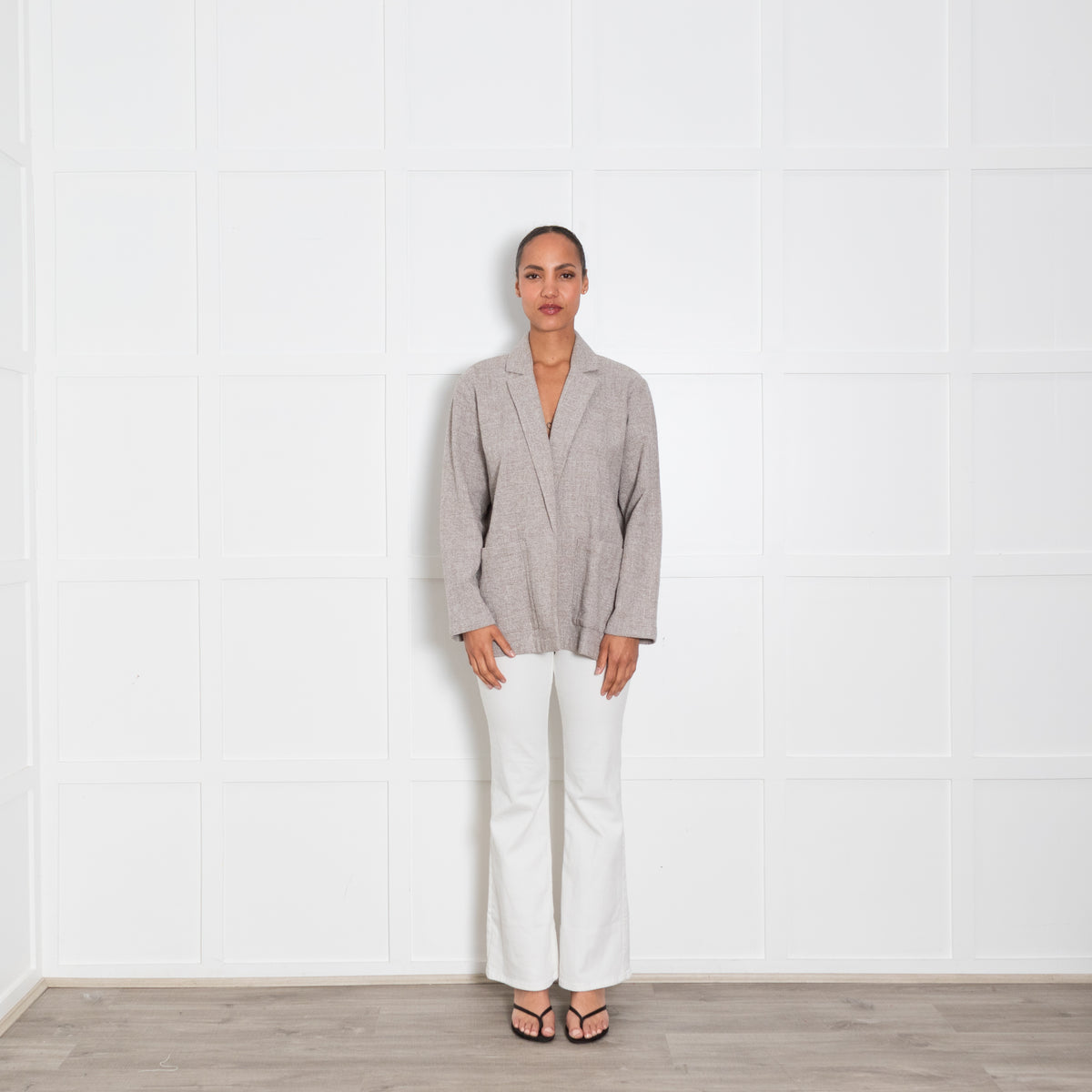 Eileen Fisher Beige and Cream Woven Relaxed Blazer