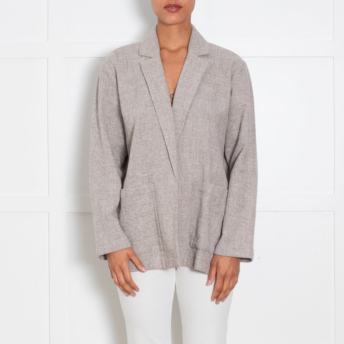 Eileen Fisher Beige and Cream Woven Relaxed Blazer
