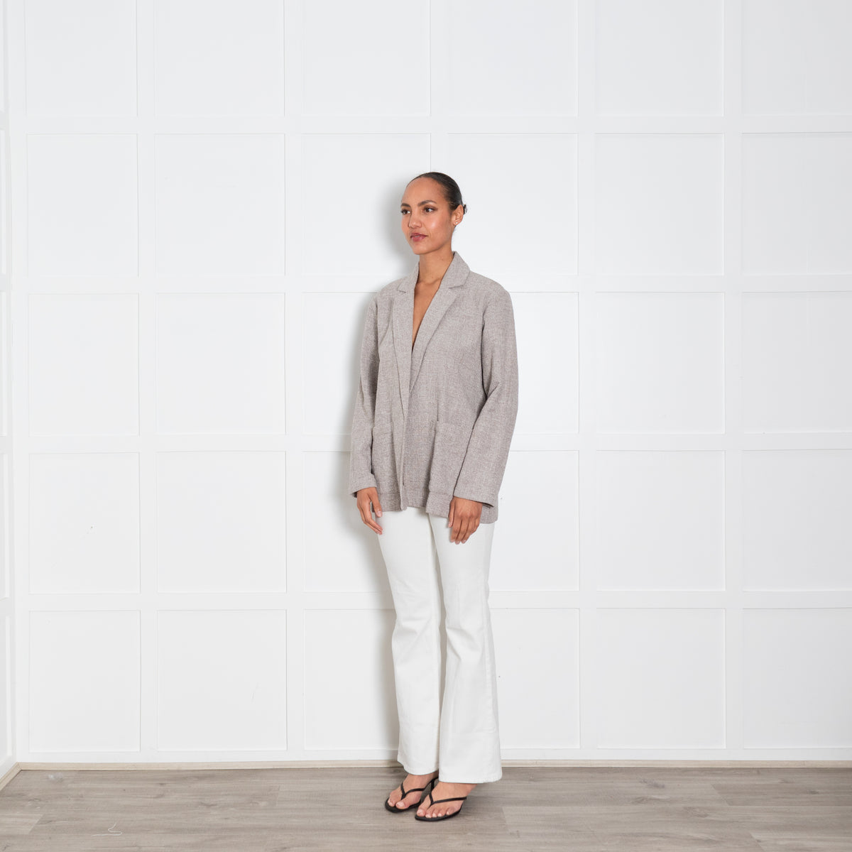 Eileen Fisher Beige and Cream Woven Relaxed Blazer