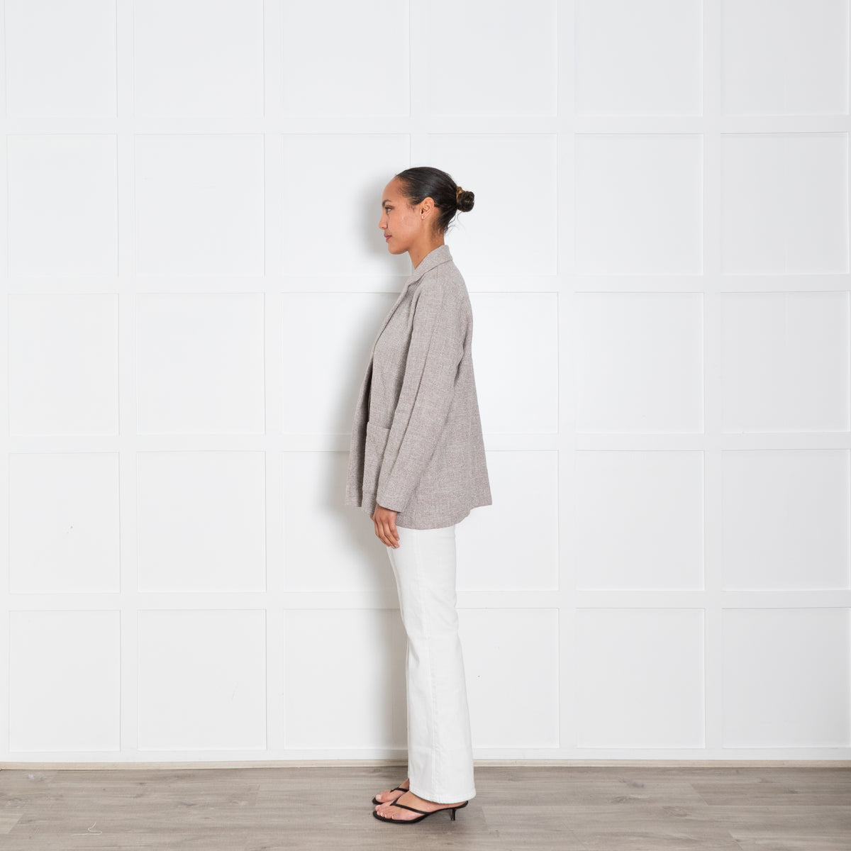 Eileen Fisher Beige and Cream Woven Relaxed Blazer