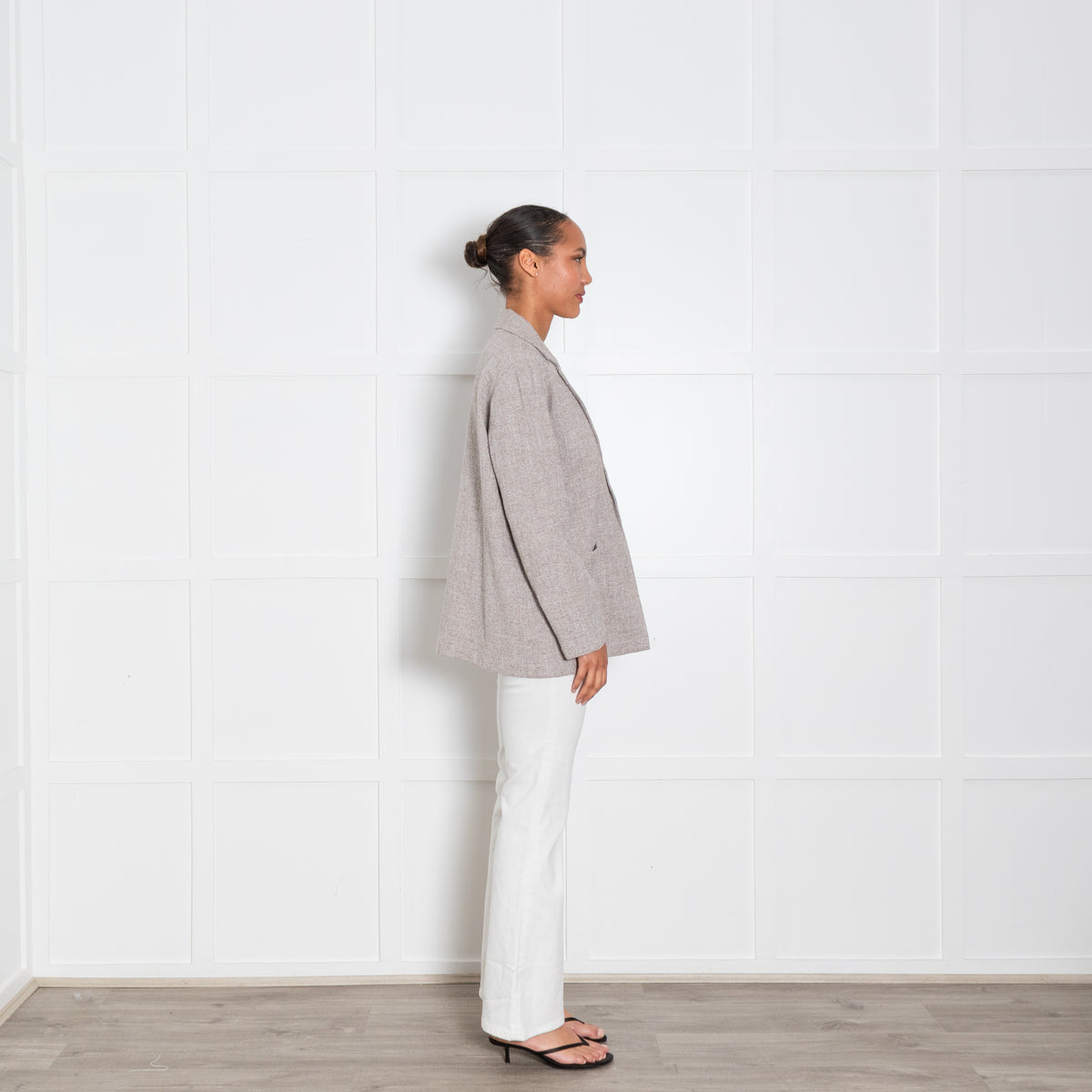 Eileen Fisher Beige and Cream Woven Relaxed Blazer