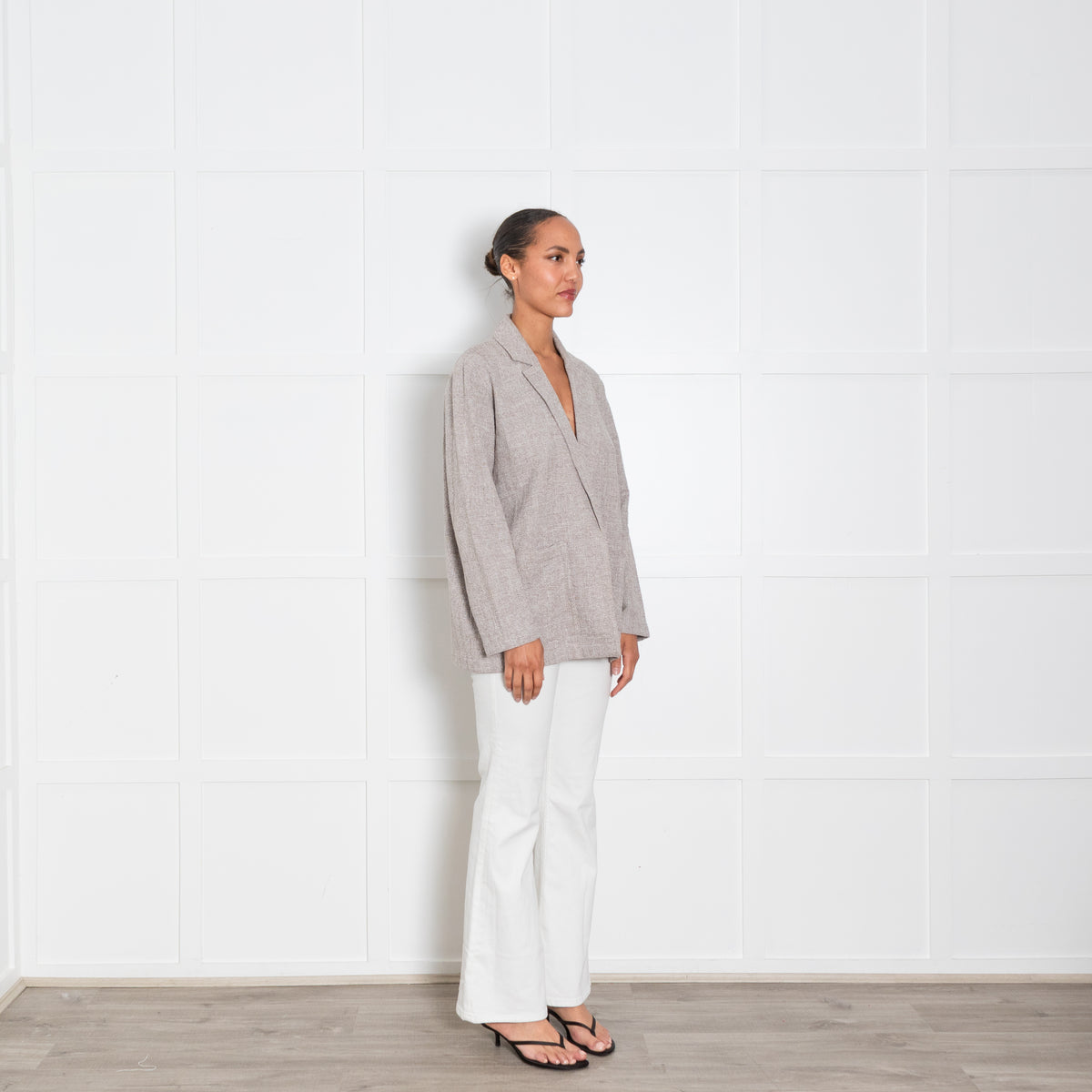 Eileen Fisher Beige and Cream Woven Relaxed Blazer