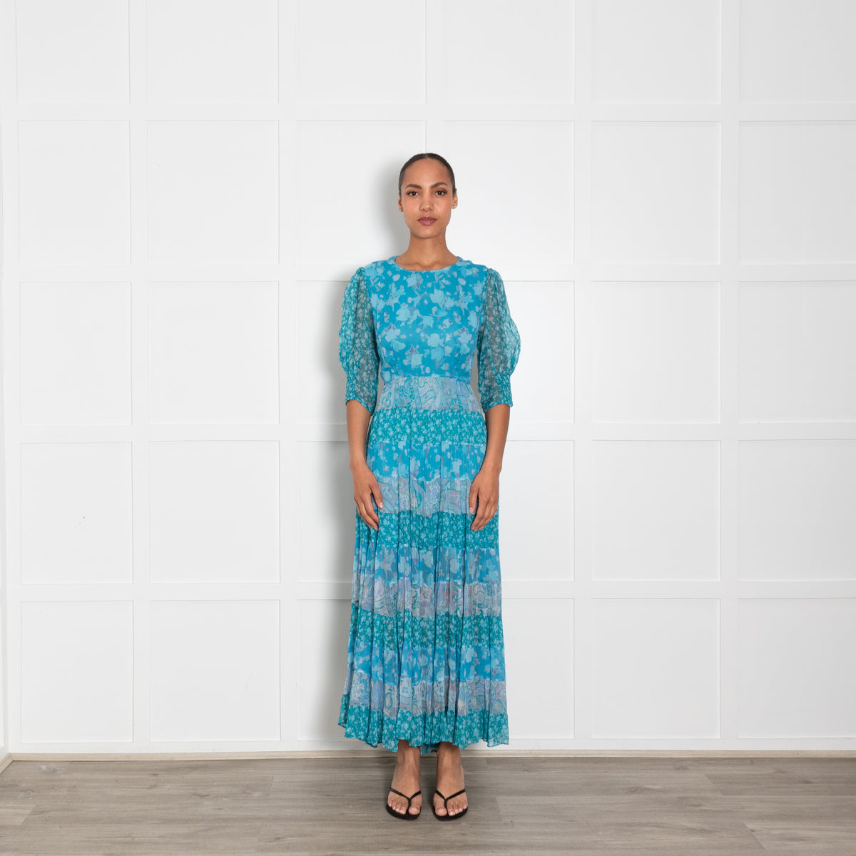 Rixo Blue Floral Tiered Tie Back Maxi Dress