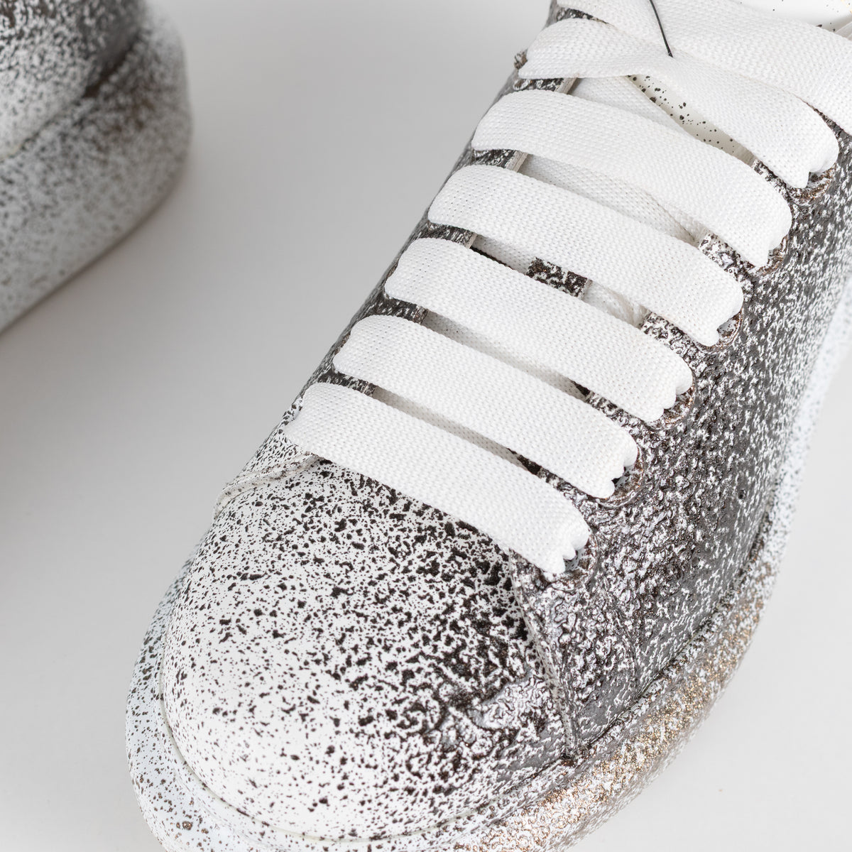 Alexander McQueen White Grey Metallic Design Leather Trainers